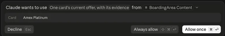 Claude asking to use BoardingArea, with Decline, Always allow and Allow once